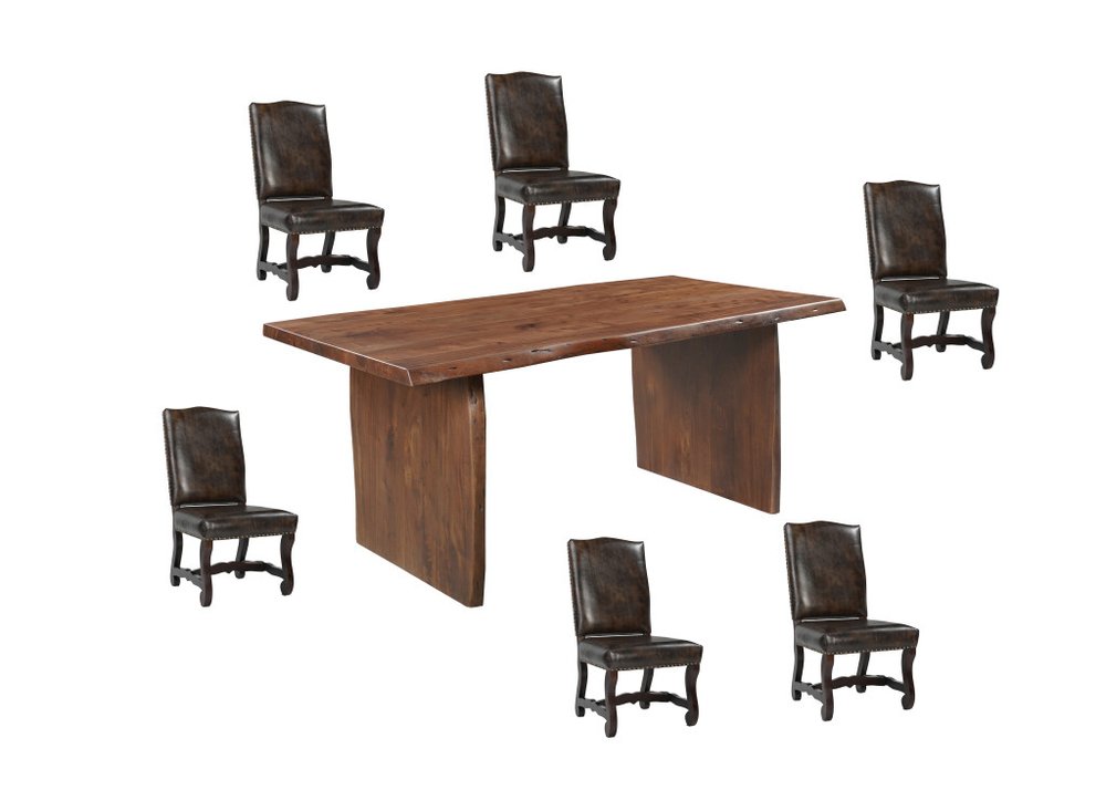 Seven Piece Brown Solid Wood Dining Set with Six Chairs