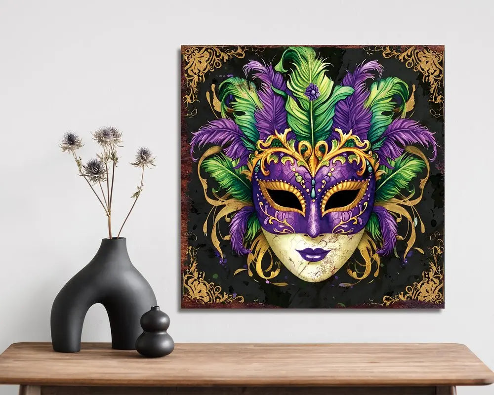 12" X 12" Black Gold And Purple Mardi Gras Canvas Square Hanging Wall Decor HomeRoots