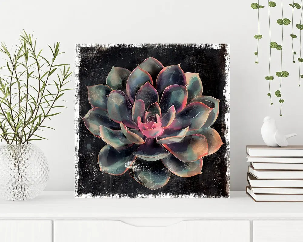12" X 12" Black And Green Succulent Floral Canvas Square Hanging Wall Decor HomeRoots