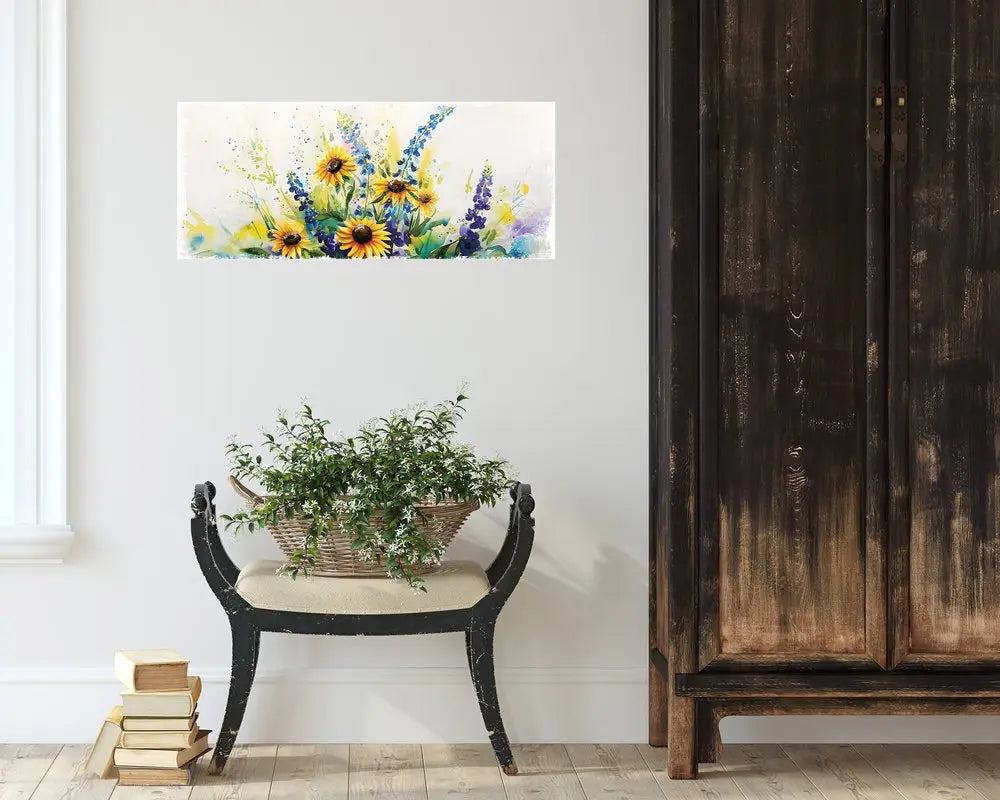 11" X 36" White Yellow And Blue Flower Floral Wood Hanging Wall Decor HomeRoots