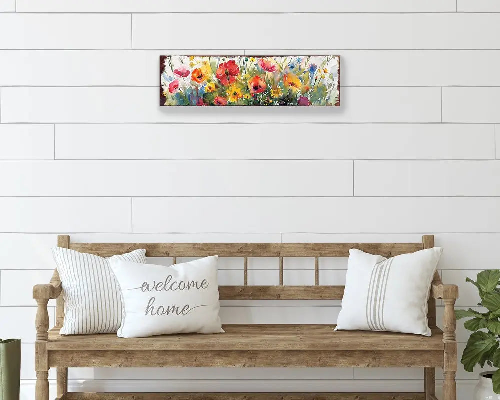 10" X 32" White Green And Red Flower Floral Wood Hanging Wall Decor HomeRoots