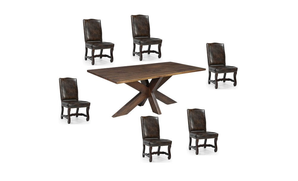 Seven Piece Brown Solid Wood Dining Set with Six Chairs