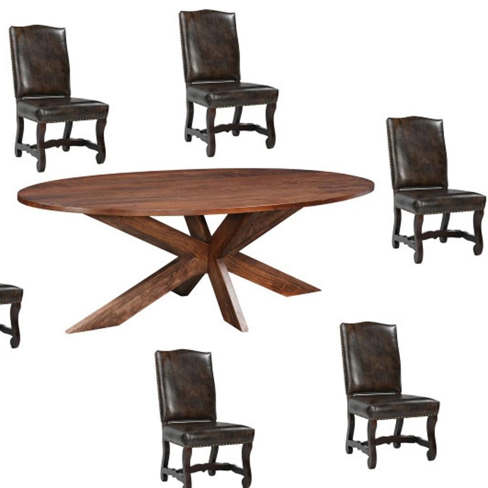 Seven Piece Brown Solid Wood Dining Set with Six Chairs - NOVA HOME FURNITURE