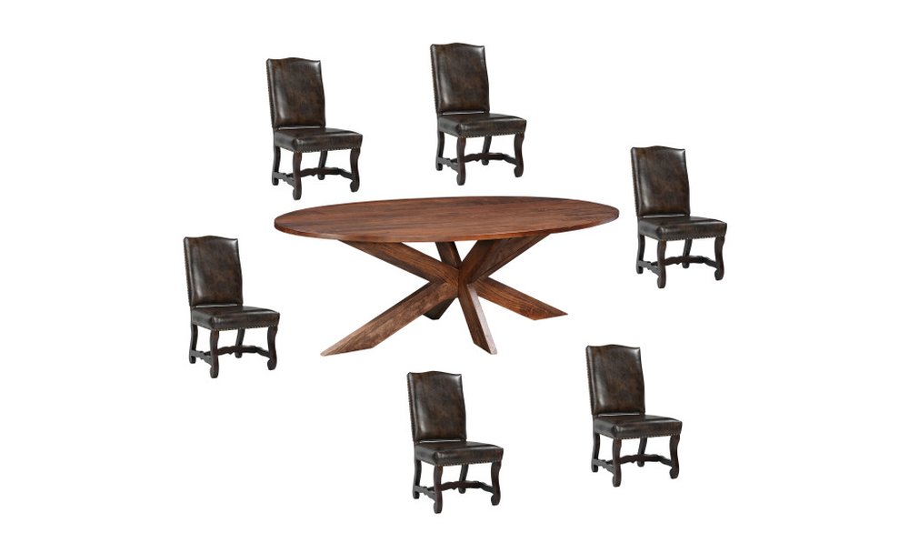 Seven Piece Brown Solid Wood Dining Set with Six Chairs