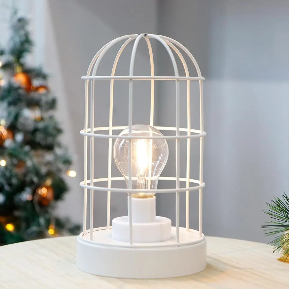 10" White Battery Operated Lamp With Cage Cylinder Shade HomeRoots