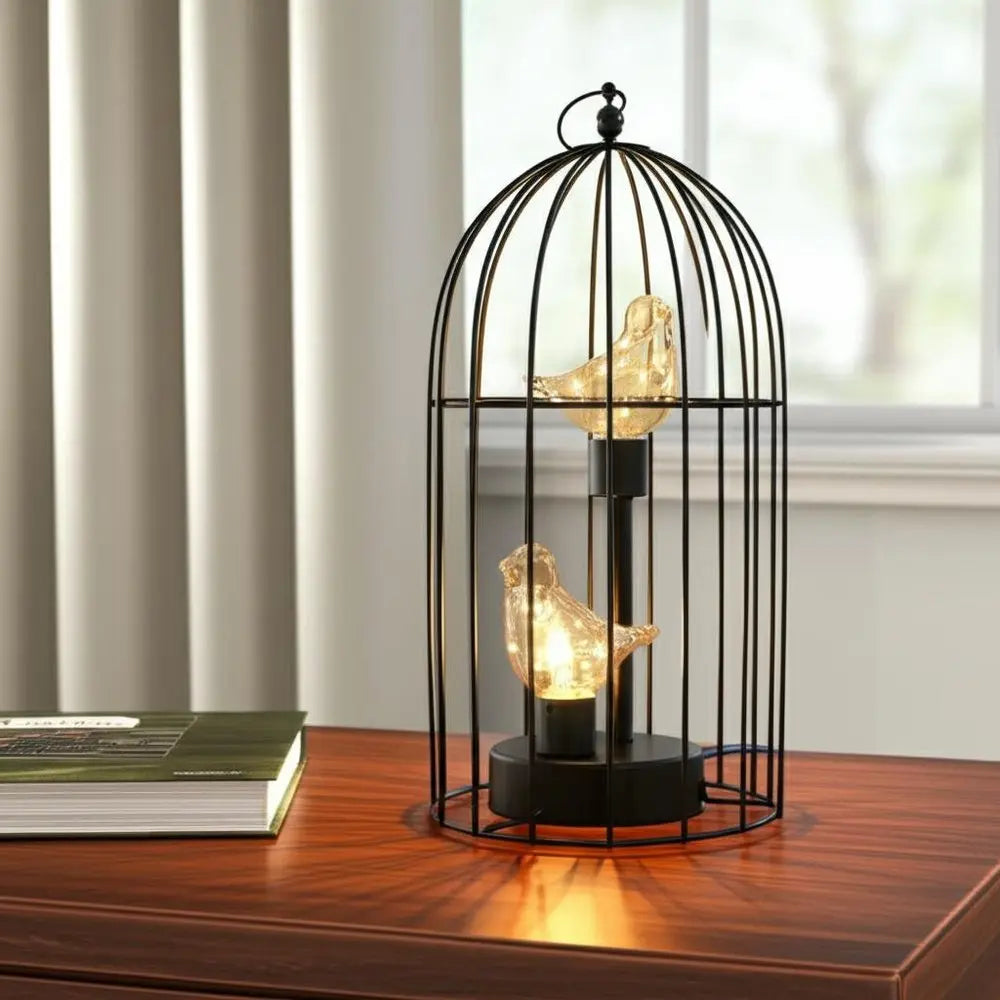 12" Black Battery Operated Round Lamp With Bird Cage Shade HomeRoots
