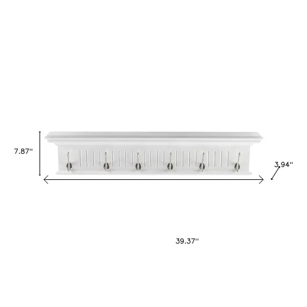 39" White Solid Wood Six Hook Wall Mount Coat Rack HomeRoots