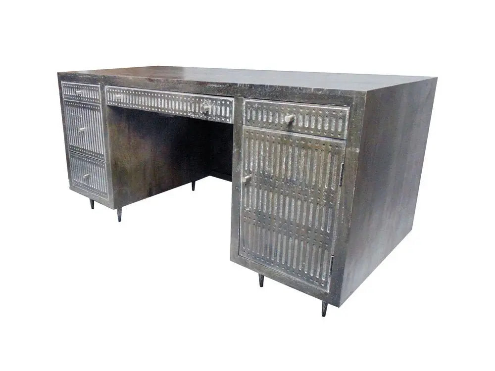 64" Brown and Silver Solid Wood Executive Desk With Five Drawers - NOBLE HOME INTERIORS