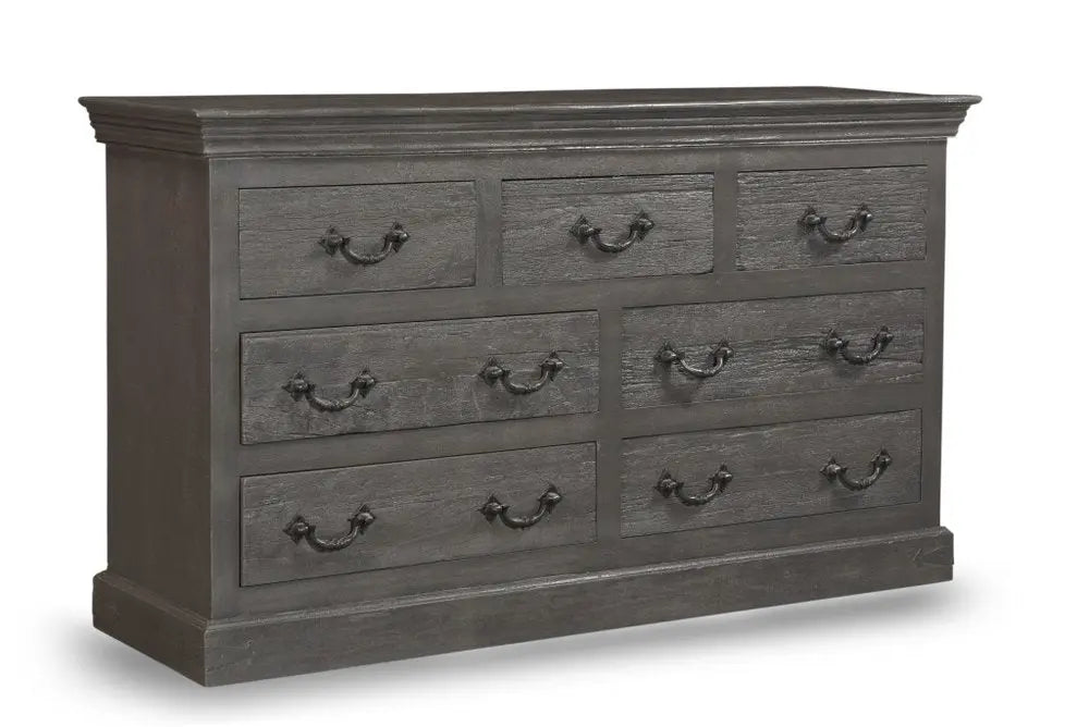 64" Brown Distressed Solid and Reclaimed Wood Seven Drawer Double Dresser - NOBLE HOME INTERIORS
