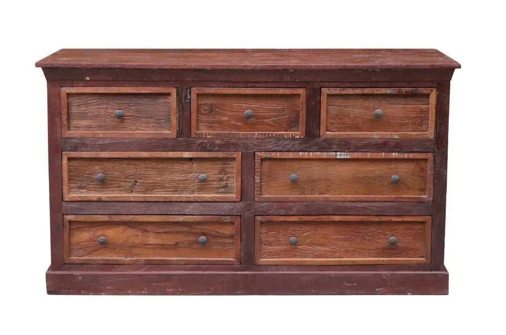 64" Brown Distressed Solid and Reclaimed Wood Seven Drawer Double Dresser - NOBLE HOME INTERIORS