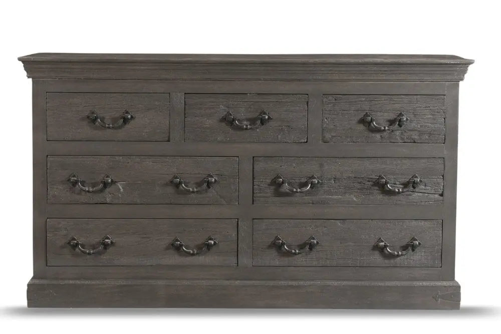 64" Brown Distressed Solid and Reclaimed Wood Seven Drawer Double Dresser - NOBLE HOME INTERIORS