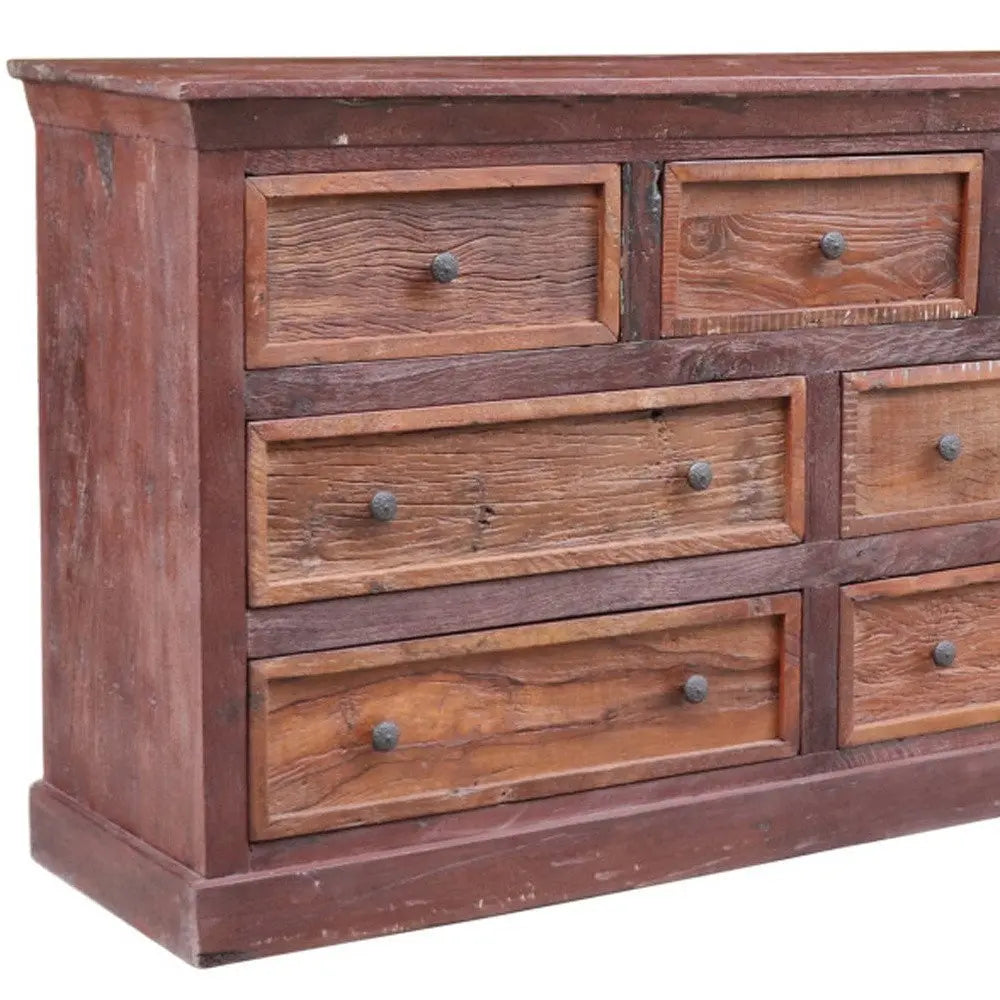 64" Brown Distressed Solid and Reclaimed Wood Seven Drawer Double Dresser - NOBLE HOME INTERIORS