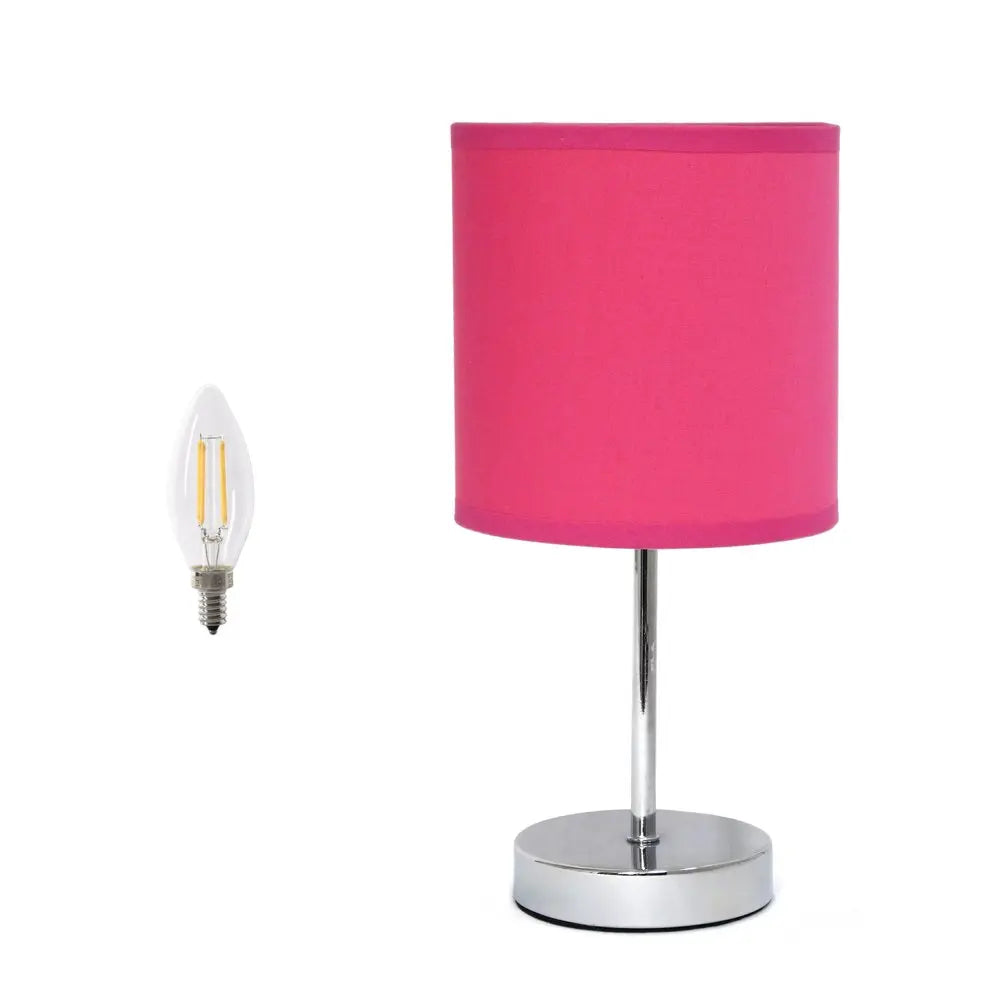 12" Silver Metal Table Lamp LED With Hot Pink Drum Shade HomeRoots