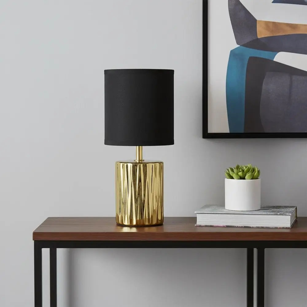 12" Gold Ceramic Table Lamp With Black Drum Shade HomeRoots