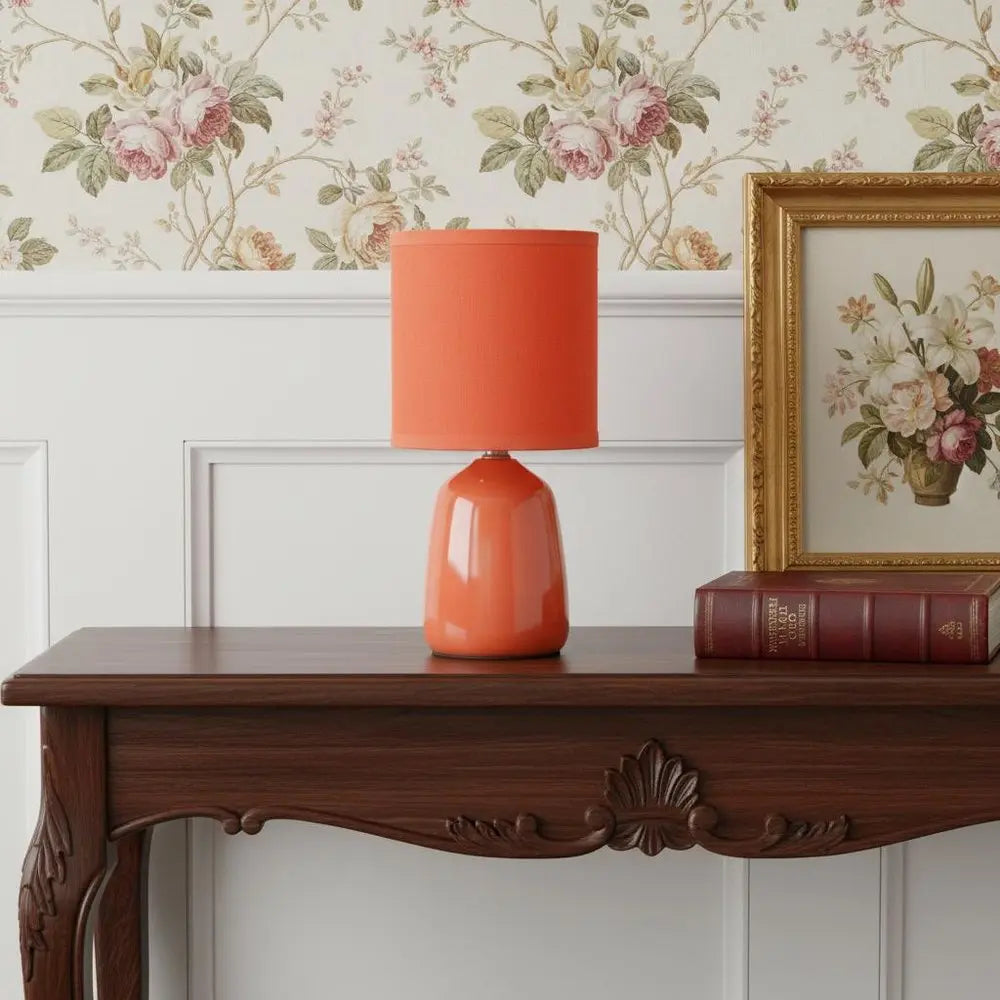 10" Orange Ceramic Round Table Lamp With Orange Drum Shade HomeRoots