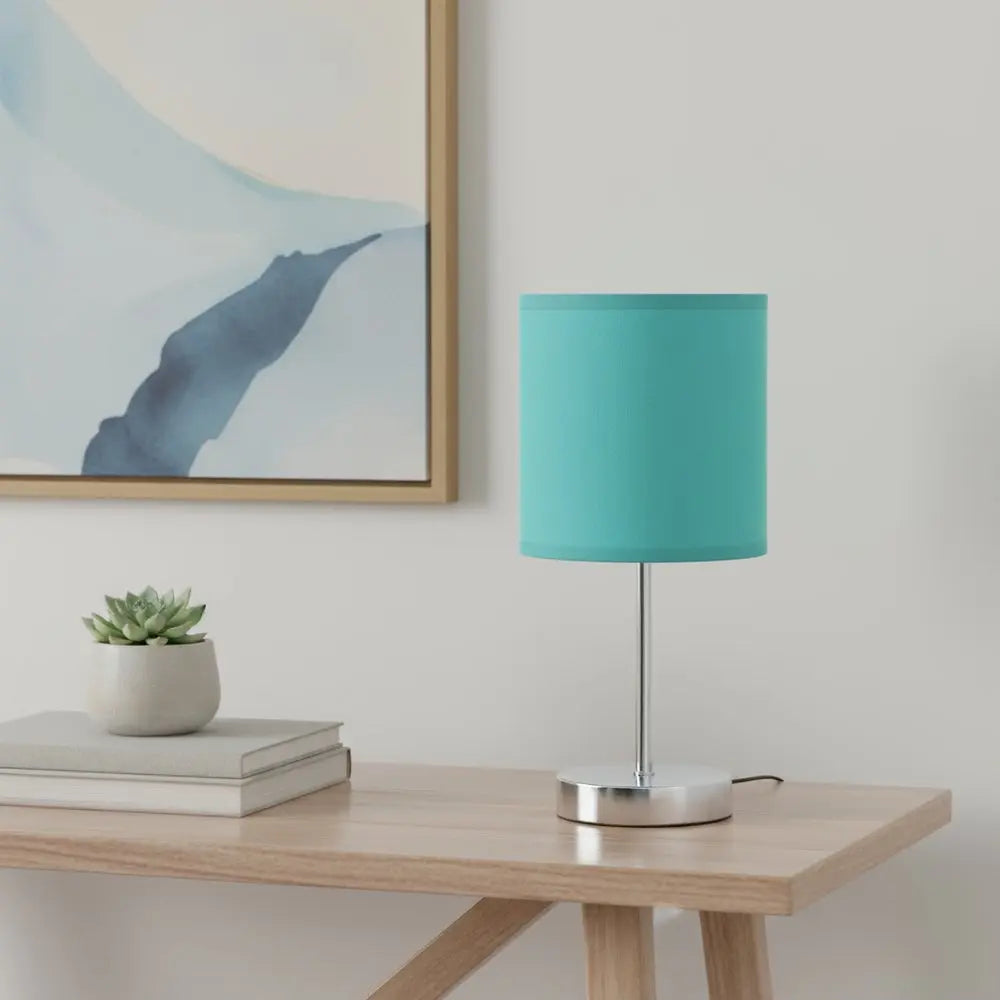12" Silver Metal Table Lamp LED With Blue Drum Shade HomeRoots