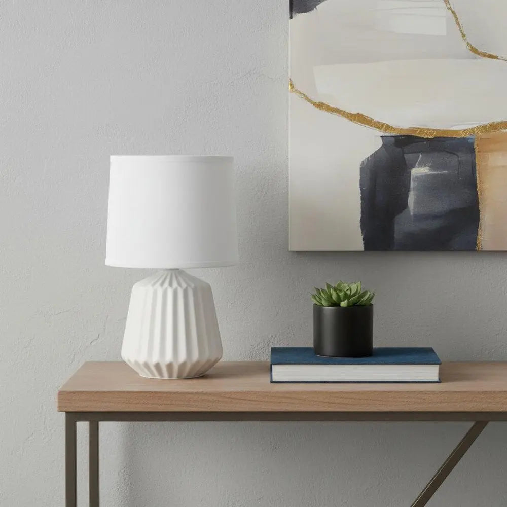 11" Off White Ceramic Round Table Lamp With White Drum Shade HomeRoots