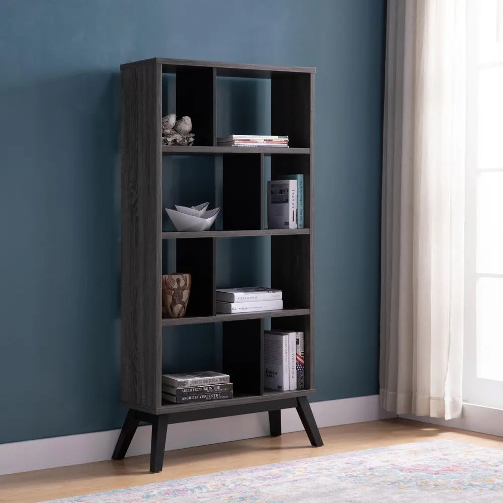 65" Gray Wood Four Tier Etagere Bookcase - NOBLE HOME INTERIORS
