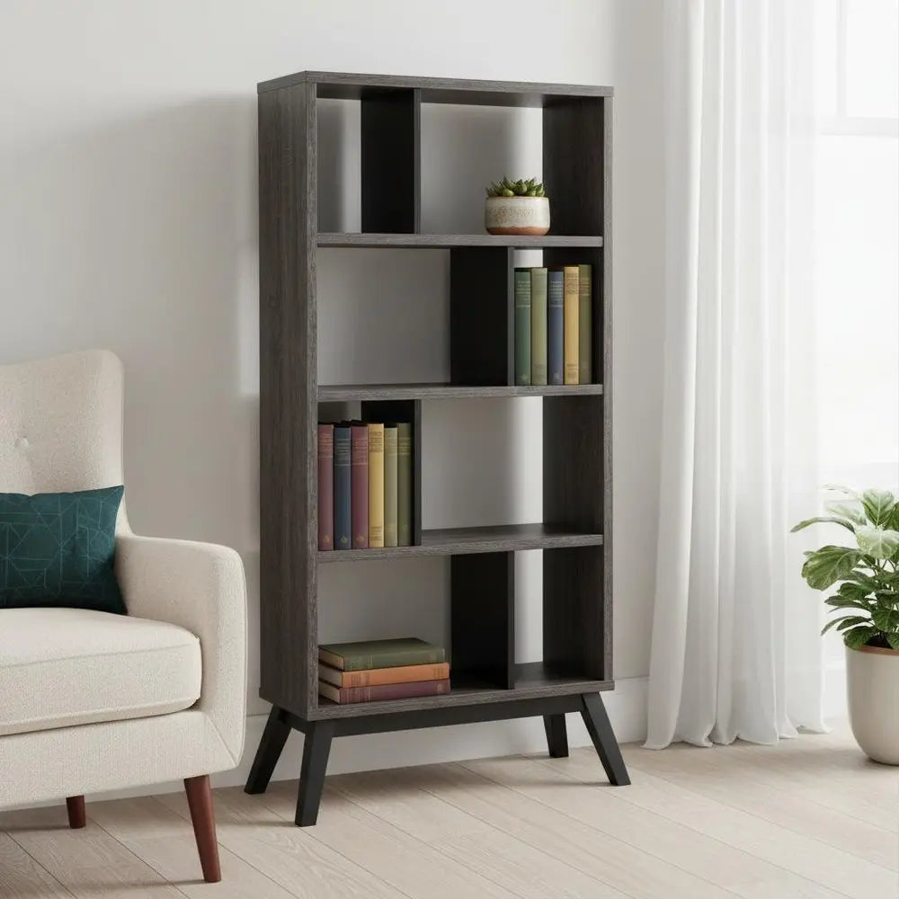 65" Gray Wood Four Tier Etagere Bookcase - NOBLE HOME INTERIORS