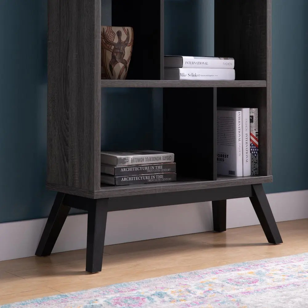 65" Gray Wood Four Tier Etagere Bookcase - NOBLE HOME INTERIORS