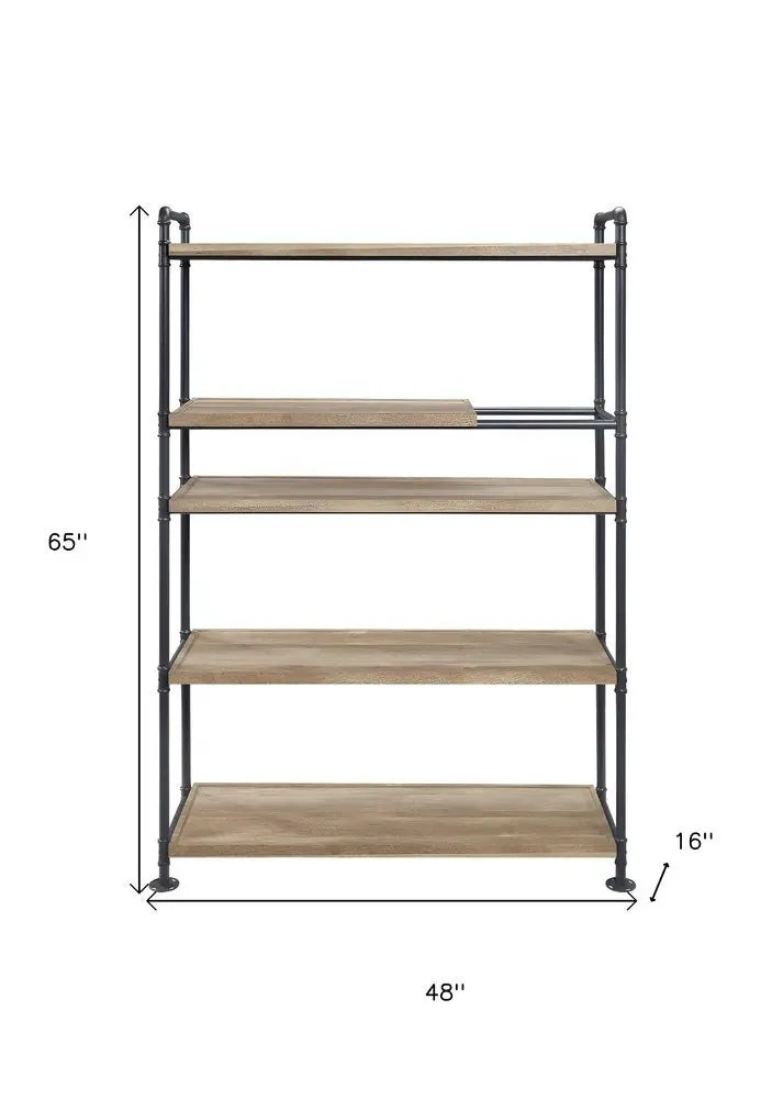 65" Natural And Black Metal and Wood Five Tier Etagere Bookcase - NOBLE HOME INTERIORS
