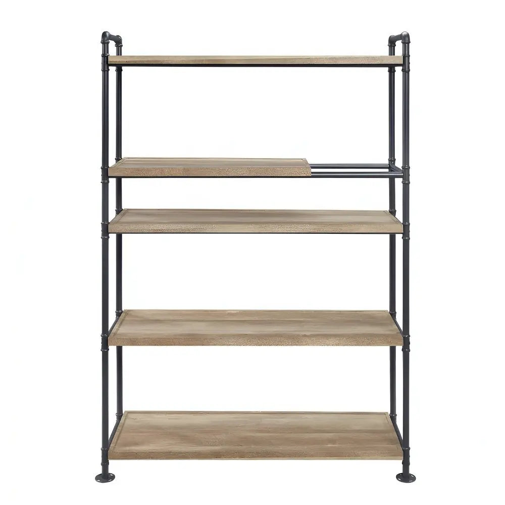 65" Natural And Black Metal and Wood Five Tier Etagere Bookcase - NOBLE HOME INTERIORS