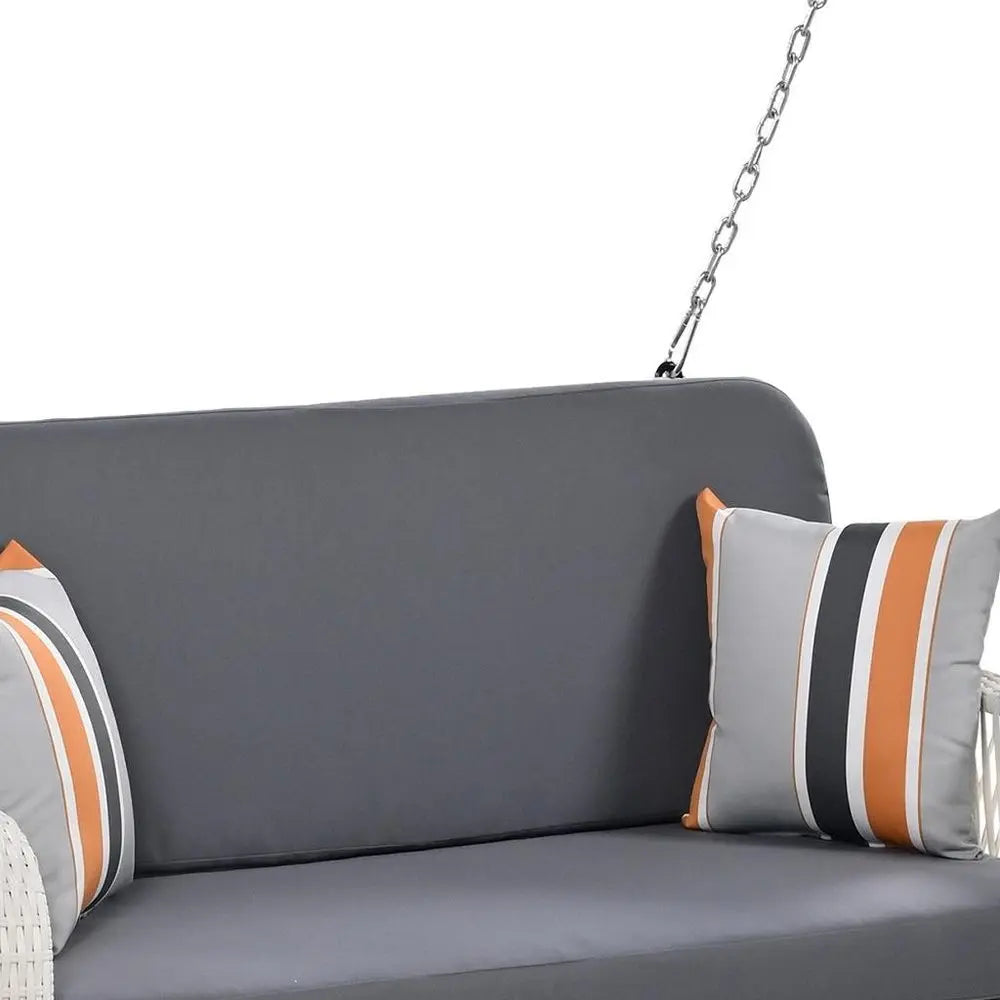 49" White Woven Rattan Outdoor Hanging Swing Chair with Gray Cushions HomeRoots