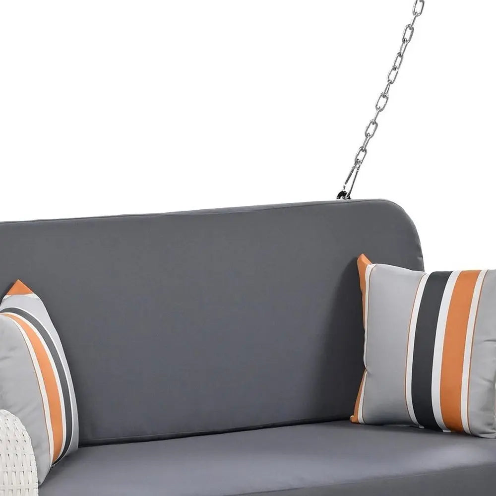49" White Woven Rattan Outdoor Hanging Swing Chair with Gray Cushions HomeRoots