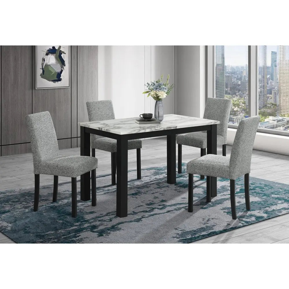 Five Piece White and Black Faux Marble Dining Set with Four Chairs HomeRoots