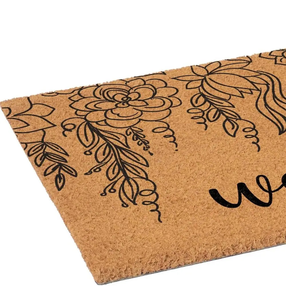 17" X 29" Brown And Natural Floral Welcome Outdoor Coir Door Mat HomeRoots