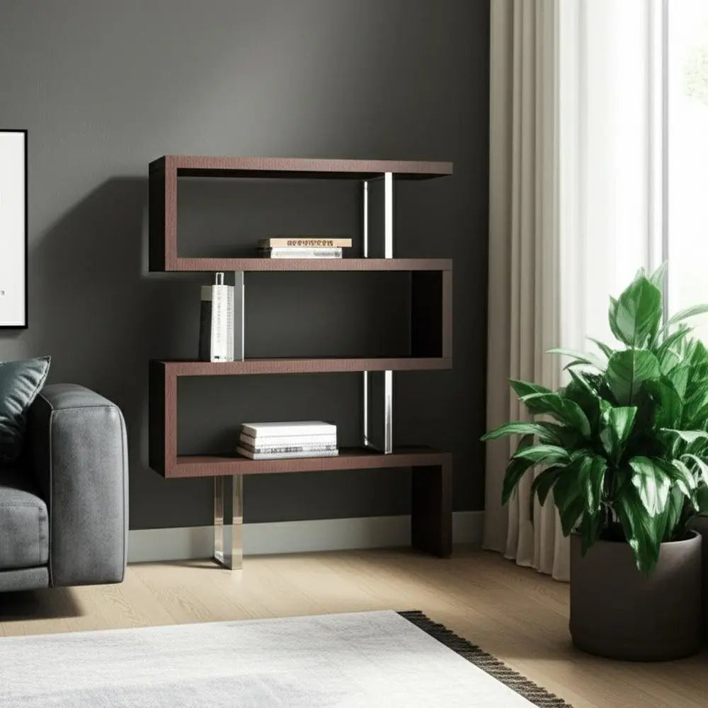 67" Brown And Silver Metal and Wood Three Tier Etagere Bookcase - NOBLE HOME INTERIORS