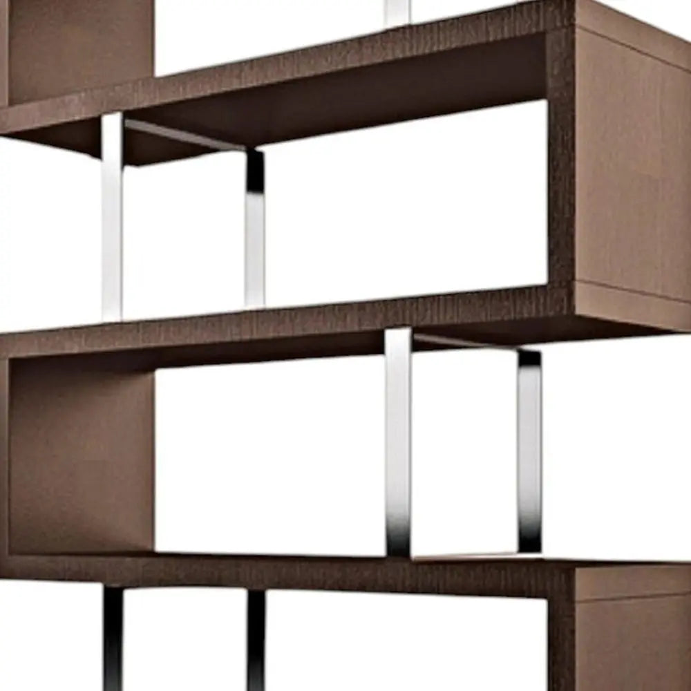 67" Brown And Silver Metal and Wood Three Tier Etagere Bookcase - NOBLE HOME INTERIORS