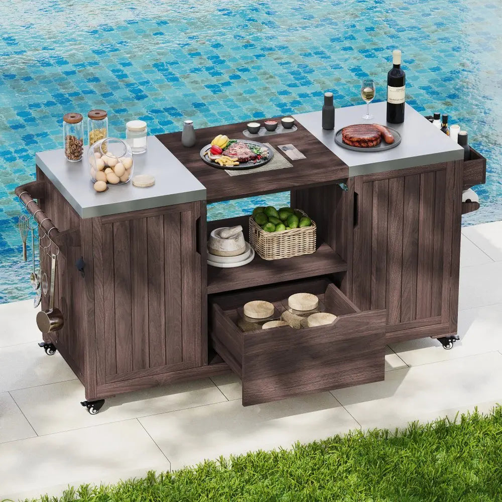 67" Brown Wood Barn Door Rolling Kitchen Island With Storage - NOVA HOME FURNITURE