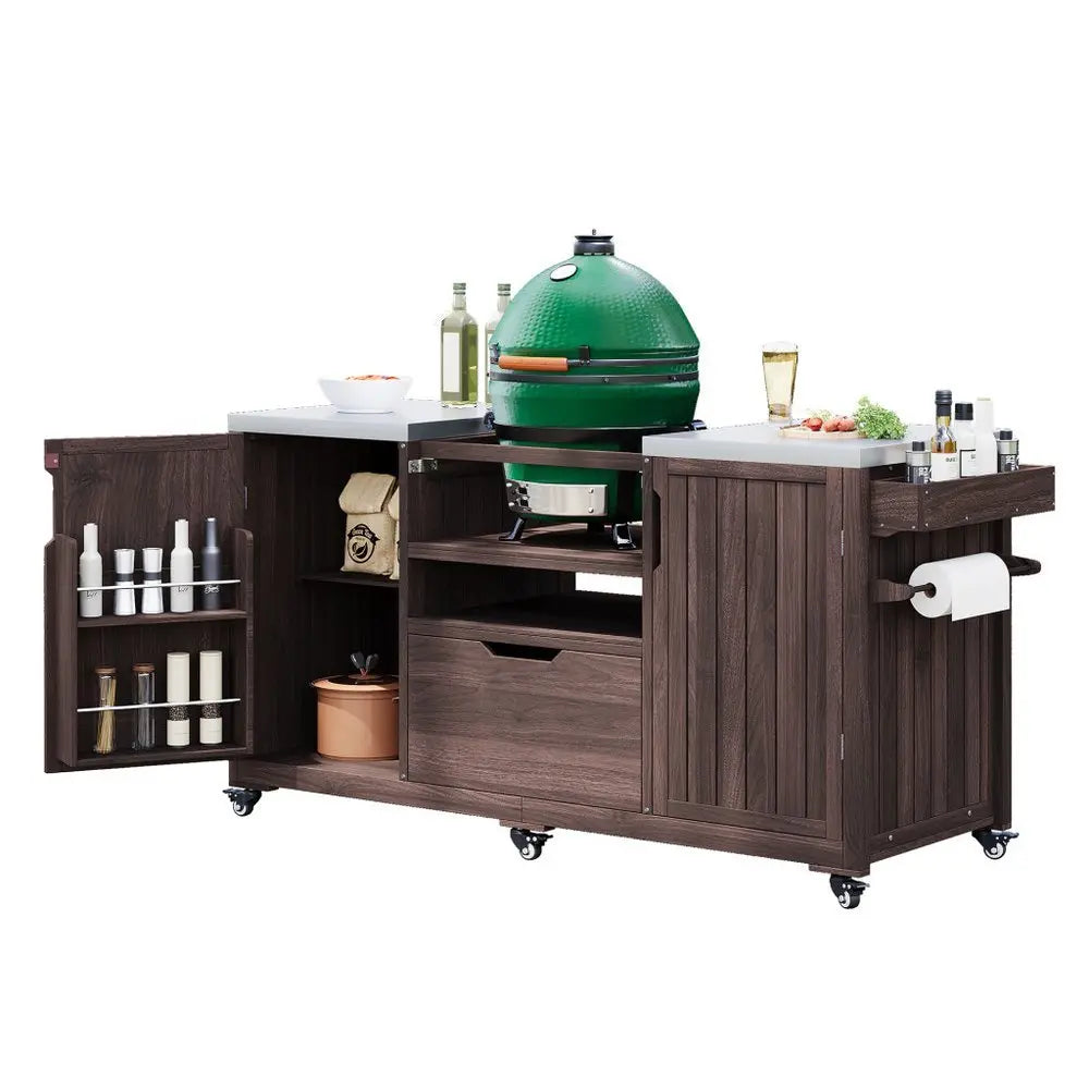 67" Brown Wood Barn Door Rolling Kitchen Island With Storage - NOVA HOME FURNITURE