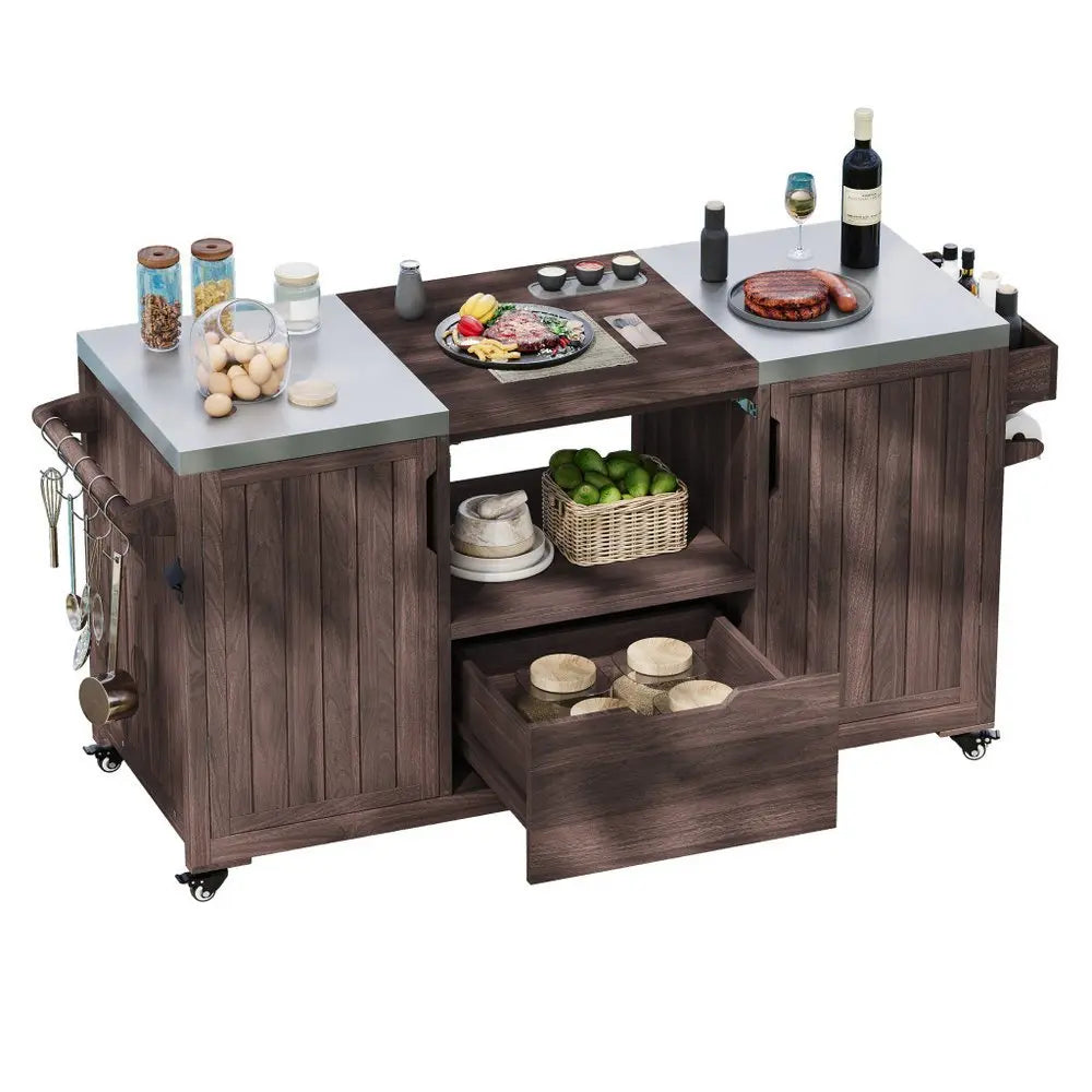 67" Brown Wood Barn Door Rolling Kitchen Island With Storage - NOVA HOME FURNITURE