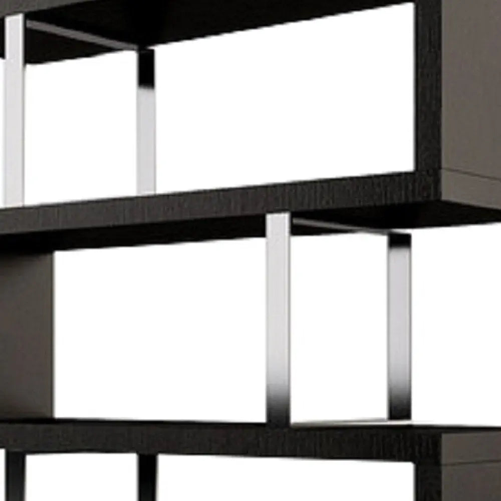 67" Espresso And Silver Metal and Wood Three Tier Etagere Bookcase - NOBLE HOME INTERIORS