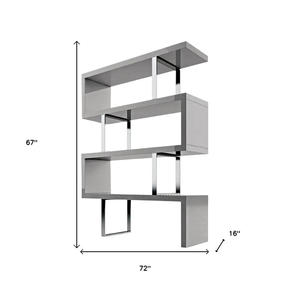 67" Gray And Silver Metal and Wood Three Tier Etagere Bookcase - NOBLE HOME INTERIORS