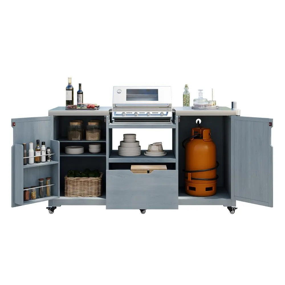 67" Light Blue Wood Barn Door Rolling Kitchen Island With Storage - NOVA HOME FURNITURE