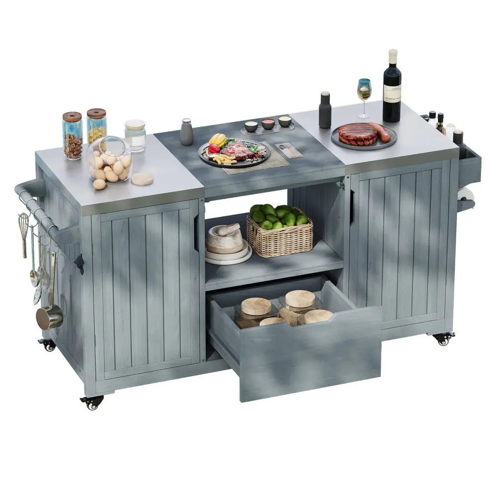 67" Light Blue Wood Barn Door Rolling Kitchen Island With Storage - NOVA HOME FURNITURE