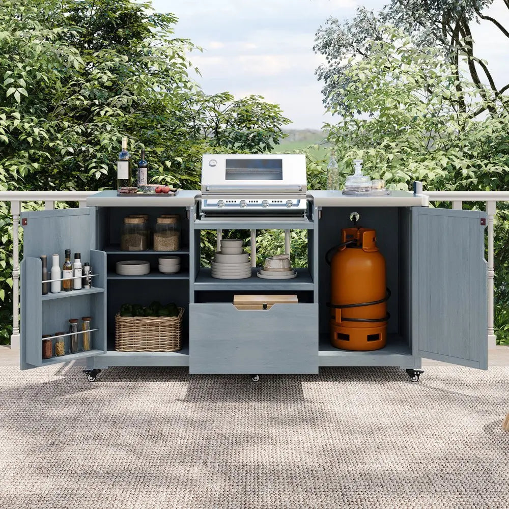 67" Light Blue Wood Barn Door Rolling Kitchen Island With Storage - NOVA HOME FURNITURE