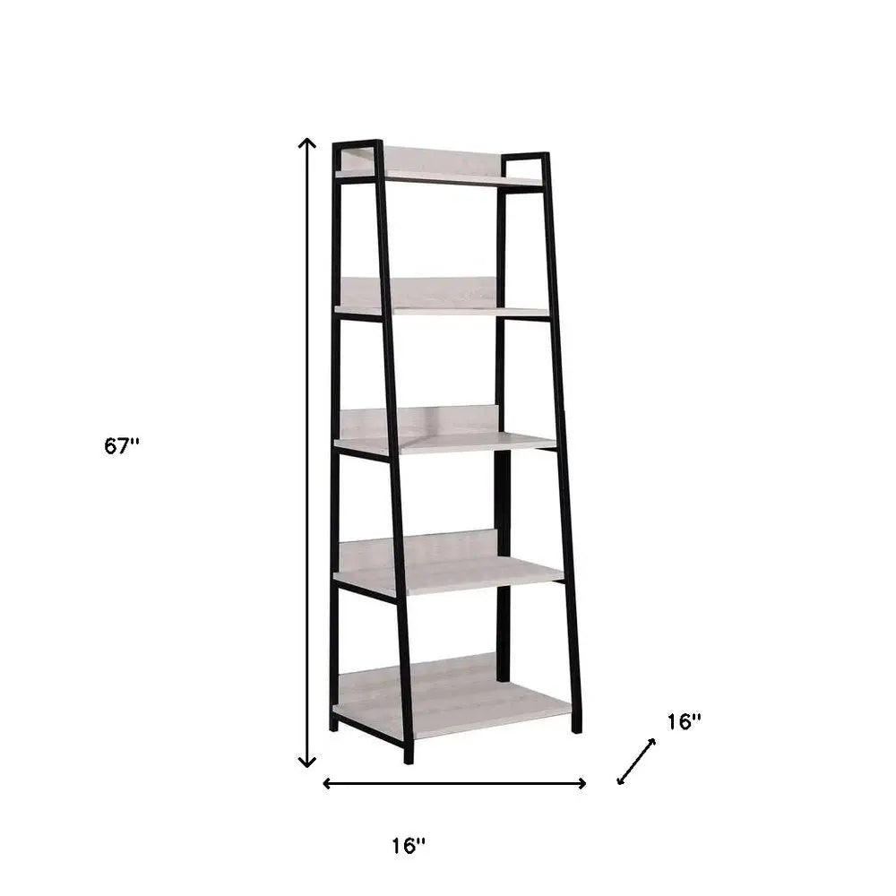 67" Natural and Black Metal Five Tier Ladder Bookcase - NOBLE HOME INTERIORS