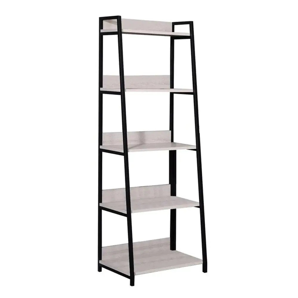 67" Natural and Black Metal Five Tier Ladder Bookcase - NOBLE HOME INTERIORS