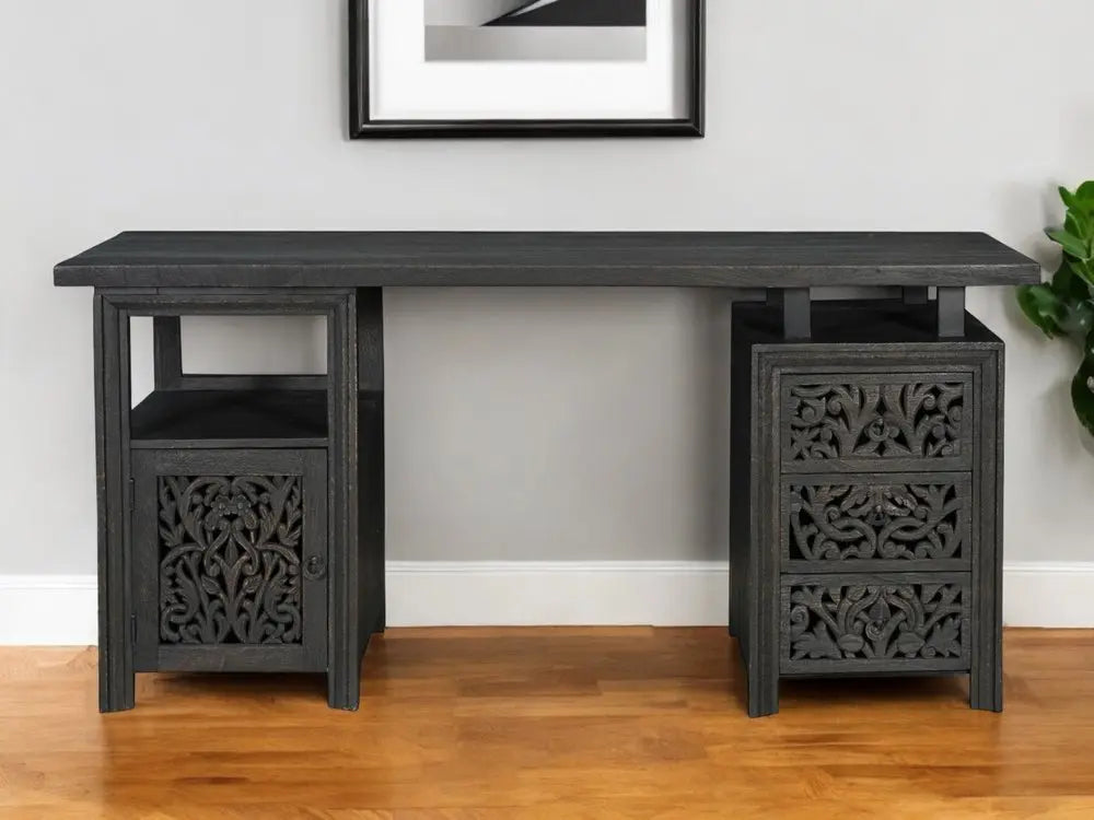 68" Black Carved Floral Scroll Solid Wood Computer Desk With Three Drawers - NOBLE HOME INTERIORS