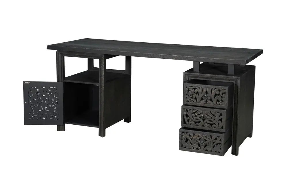 68" Black Solid Wood and Metal Carved Floral Desk With Three Drawers - NOBLE HOME INTERIORS