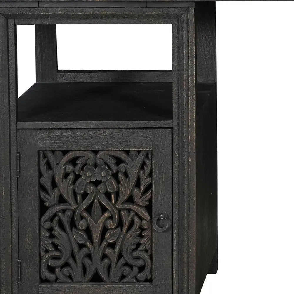 68" Black Solid Wood and Metal Carved Floral Desk With Three Drawers - NOBLE HOME INTERIORS