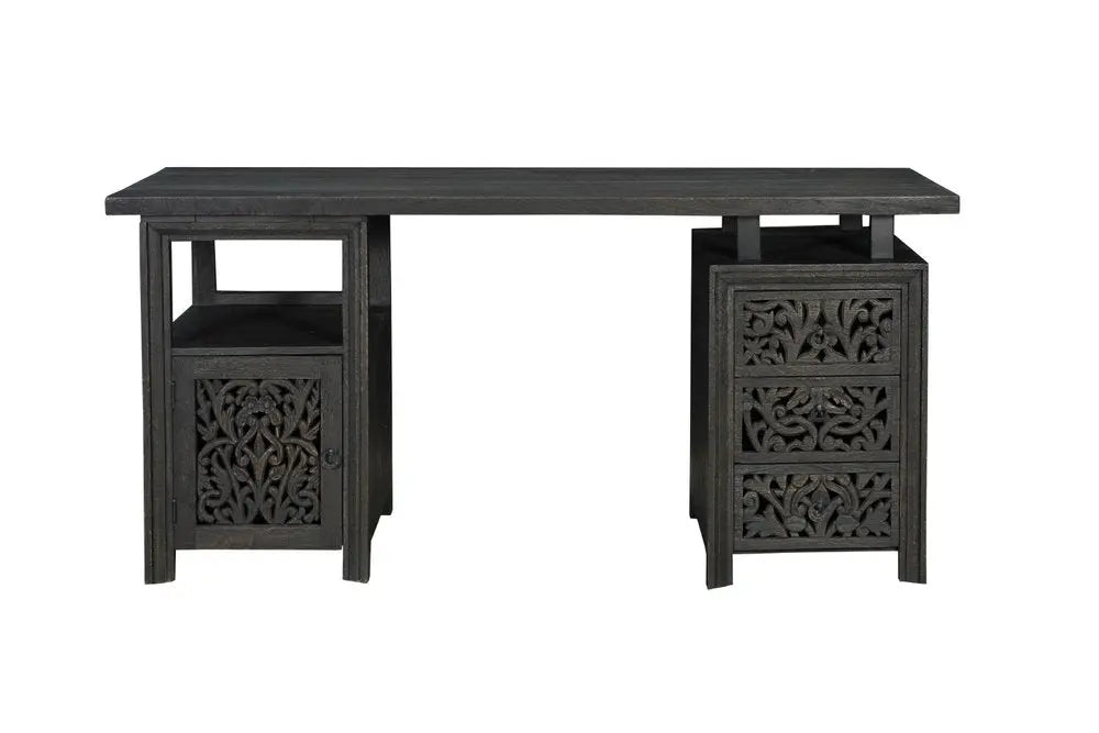 68" Black Solid Wood and Metal Carved Floral Desk With Three Drawers - NOBLE HOME INTERIORS