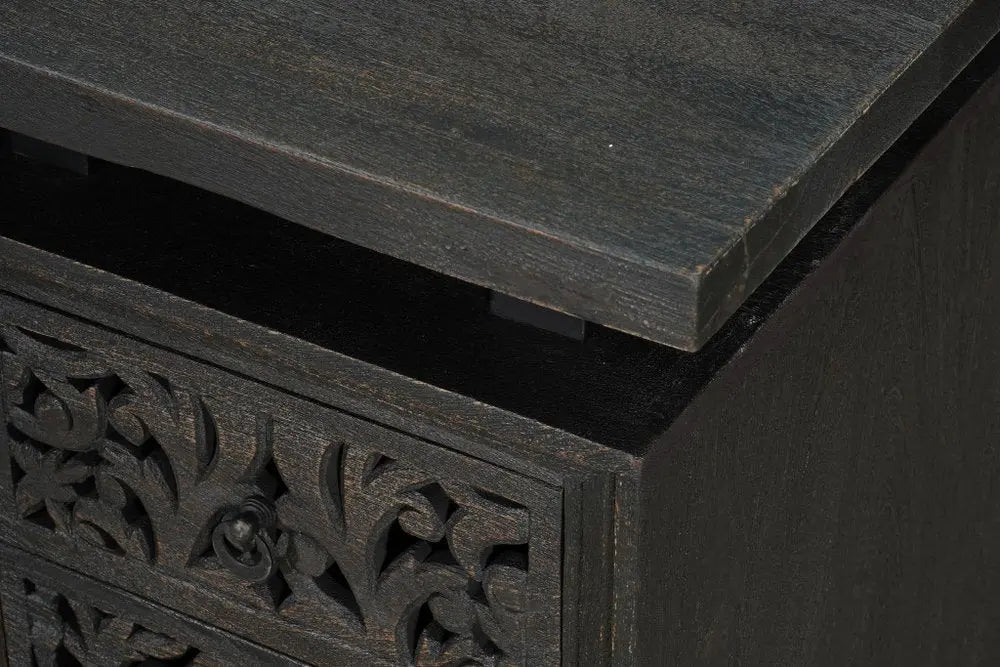68" Black Solid Wood and Metal Carved Floral Desk With Three Drawers - NOBLE HOME INTERIORS