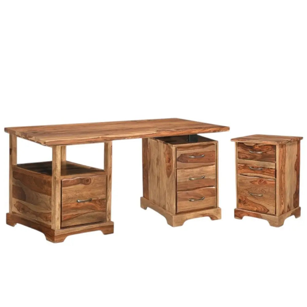 68" Brown Solid Wood Writing Desk and Bookshelf Set With Four Drawers - NOBLE HOME INTERIORS