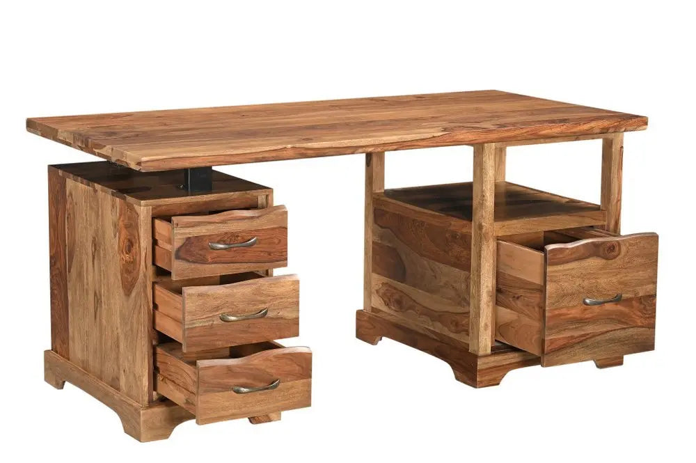 68" Brown Solid Wood Writing Desk and Bookshelf Set With Four Drawers - NOBLE HOME INTERIORS