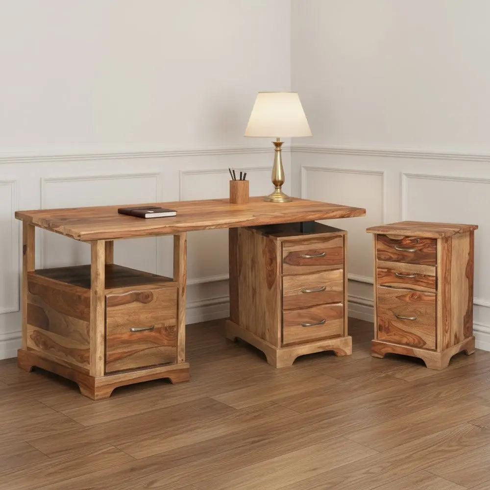 68" Brown Solid Wood Writing Desk and Bookshelf Set With Four Drawers - NOBLE HOME INTERIORS